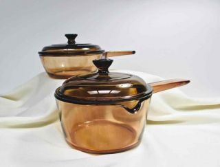Corning Ware Pyrex Visions Amber Set Of 2 Sauce Pans W Lids 1l &.  5l Cookware U