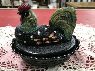 Fenton Hen On Nest Hand Painted By Artist D.  Wright Candy Dish Nr