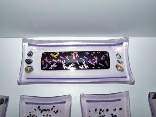 5 Piece Set Fused Art Glass Trays Trinket Dishes Pink,  Purple W/ Butterflies 32