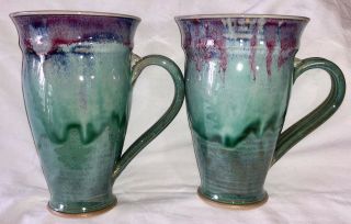 Handmade Ceramic Mugs Set Of 2 Green And Purple Art Pottery Im0497