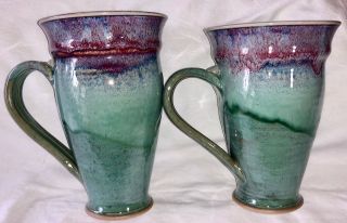 Handmade Ceramic Mugs Set of 2 Green and Purple Art Pottery IM0497 2