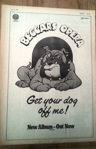 Beggars Opera Dog.  Vertigo 1973 Uk Poster Size Press Advert 16x12 Inches