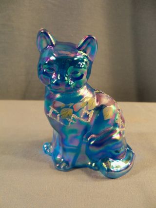 Fenton Hand Painted Blue Carnival Glass Cat Figurine Purple & White Flowers