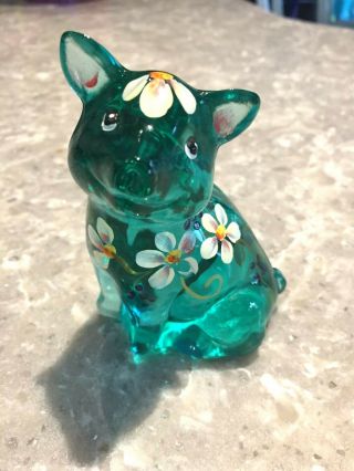 Fenton Blue Green Handpainted Pig With Flowers