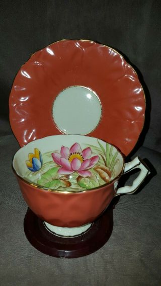 Vintage Aynsley Bone China England Water Lily Orange Teacup & Saucer.