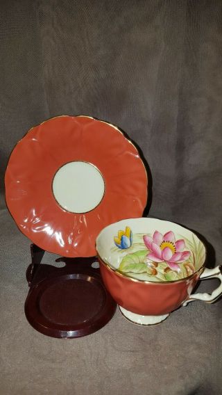 Vintage Aynsley Bone China England Water Lily Orange Teacup & Saucer. 2