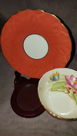 Vintage Aynsley Bone China England Water Lily Orange Teacup & Saucer. 3