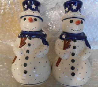 Adorable Polish Pottery Pair Snowman Candle Holders Boleslawiec