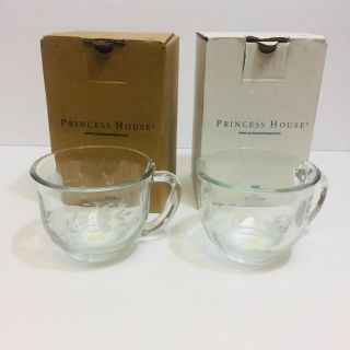 . Princess House Crystal Heritage Etched Cappuccino Soup Coffee Mugs Cup Set 2
