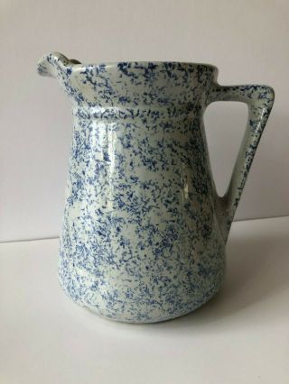 Vintage Blue And White Spongeware Stoneware Crock Water Pitcher Usa 3051