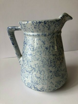Vintage Blue And White Spongeware Stoneware Crock Water Pitcher USA 3051 6
