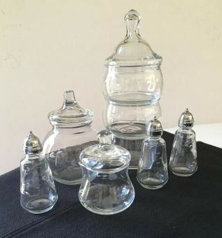 Princess House Apothecary Jars,  Cream,  Sugar,  Salt And Pepper Etched Glass Set