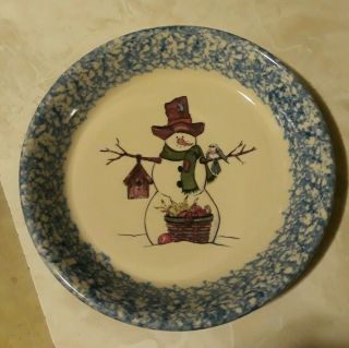 Henn Pottery Roseville Blue Spongeware Pie Plate Dish Bowl Snowman Mr.  Shivers