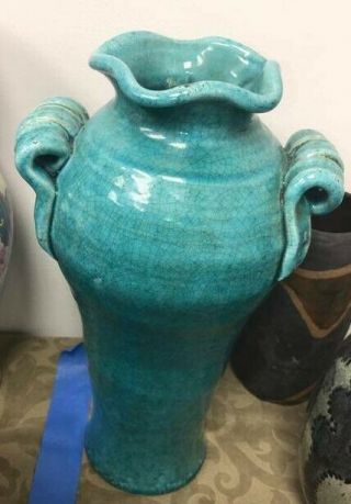 Turquoise Crackle Pottery Glaze Ceramic Vase 14 " With Handles