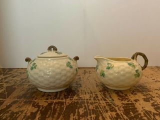 Vintage Belleek Porcelain Creamer And Sugar Bowl Shamrock Pattern Ireland