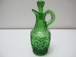 Vintage Le Smith Glass Moon & Star Oil Or Vinegar Cruet W Stopper Green 6 3/4 " T