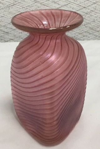 Signed Robert Held Art Glass Vase Iridescent Cranberry Swirl 3 3/8” Signed Rhag