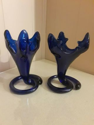 Hand Made Cobalt Blue Glass Sculpture Vase With Serpentine Base