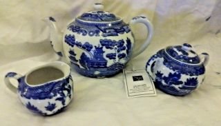 Blue And White Teapot,  Creamer,  And Sugar Bowl,  Set,  Willow,  By Balough