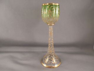 Old Antique Moser Art Glass Enameled Cordial Goblet Green W Gold Decor