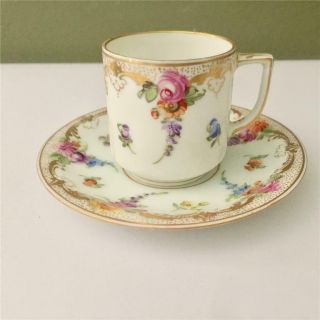 Dresden Porcelain Vintage Hand Painted Floral Demitasse Cup And Saucer - Germany