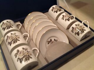 Set Of 6 Royal Worcester Demitasse Cup & Saucers Rose Flower Orig Box