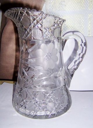 Antique American Brilliant Period Cut Glass Pitcher Cane With Flowers 8 1/2 Inch