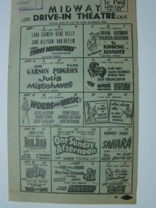 1948 Midway Drive - In Theatre Lodi Ca Movie Calendar Kissing Bandit Frank Sinatra