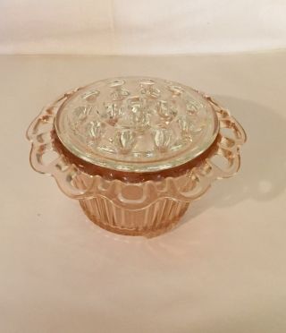 Hocking Pink Colony " Lace Edge " Flower Bowl With Crystal Flower Frog