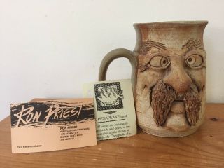 Vtg Ron Priest Handmade Stoneware Studio Pottery Bearded Face Coffee Mug SIGNED 2