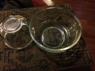 Fire King Glassbake Sunbeam Clear Mixing Bowls 9 1/4 " Bowl W/ Handles & 6 1/2 "