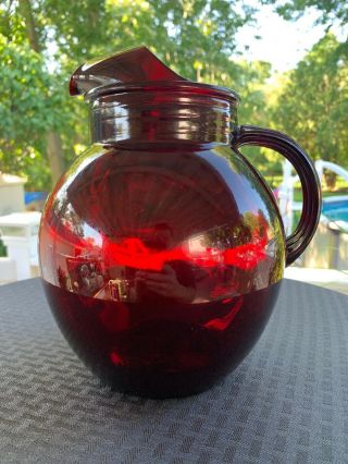 Ruby Red Glass Ball Shaped Water Pitcher Ice Lip. 2