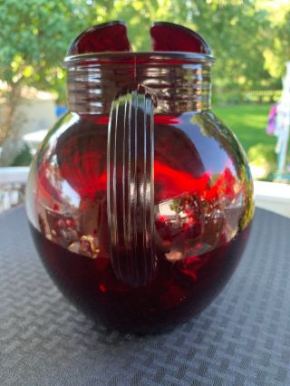 Ruby Red Glass Ball Shaped Water Pitcher Ice Lip. 3