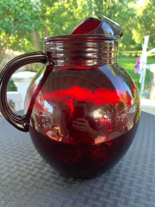 Ruby Red Glass Ball Shaped Water Pitcher Ice Lip. 4