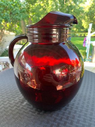Ruby Red Glass Ball Shaped Water Pitcher Ice Lip. 5