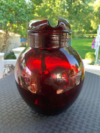Ruby Red Glass Ball Shaped Water Pitcher Ice Lip. 6
