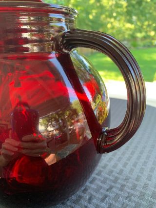 Ruby Red Glass Ball Shaped Water Pitcher Ice Lip. 8