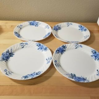 4 Corelle BLUE VELVET Roses Dinner Plates Swirl Rim 10 - 1/4 