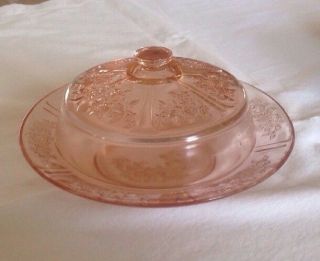 Pink Depression Glass Butter Dish Cabbage Rose Covered Butter Dish