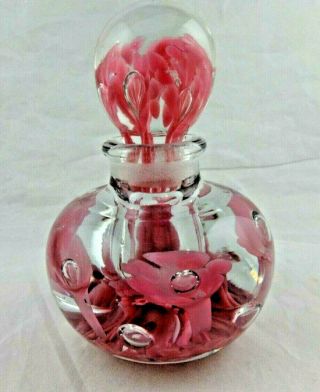 Joe St Clair Perfume Bottle Paperweight Hand Blown Glass Pink Trumpet Flowers