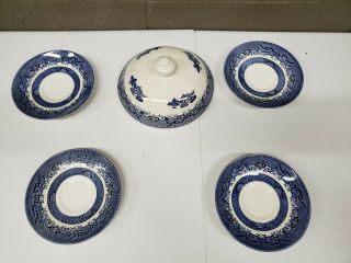 Churchill England Blue Willow Replacement Soup Tureen Lid And 4 Saucers (a2212)