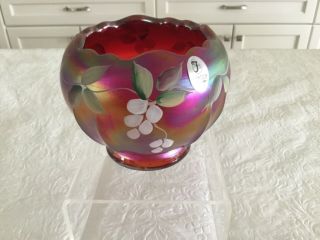 Fenton Red Carnival Glass Iridescent Vase/bowl Hand - Painted & Artist Signed