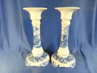 Pair Antique English Candlesticks Royal Staffordshire Blue White 10 " H Country