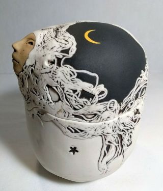 Jude Holdsworth 1993 Studio Pottery Two Faces Day And Night Lidded Trinket Box 6