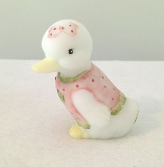 Fenton Glass White Satin Duck Duckling Girl W/ Bow & Shirt Hand Painted W/box