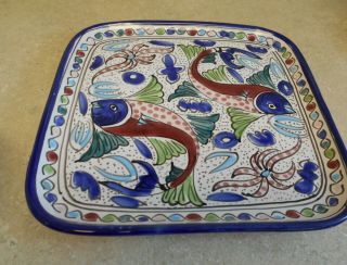 Le Souk Tunisia Ceramique Handpainted Square Platter Blue Aqua Fish Motif