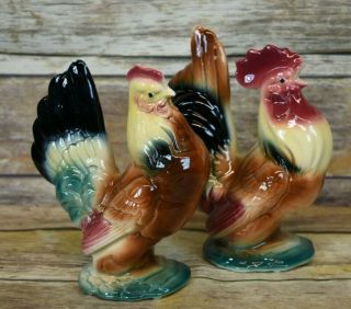 Vintage Royal Copley Chicken Hen & Rooster Pair Ceramic Figures 7 " 8 "