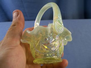 Fenton Topaz Opalescent Iridescent Vaseline Glass Mini Miniature Basket 3