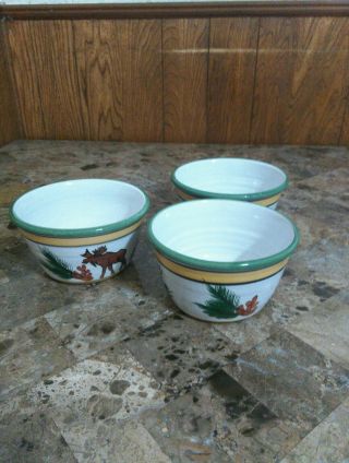 3 Stoneware Specialties Soup Bowls Moose Hand Crafted Painted Cabin Lodge Pine