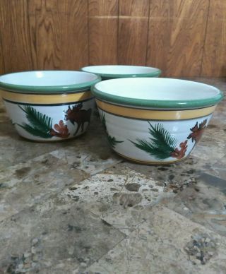 3 STONEWARE SPECIALTIES Soup Bowls MOOSE Hand Crafted Painted Cabin Lodge Pine 2